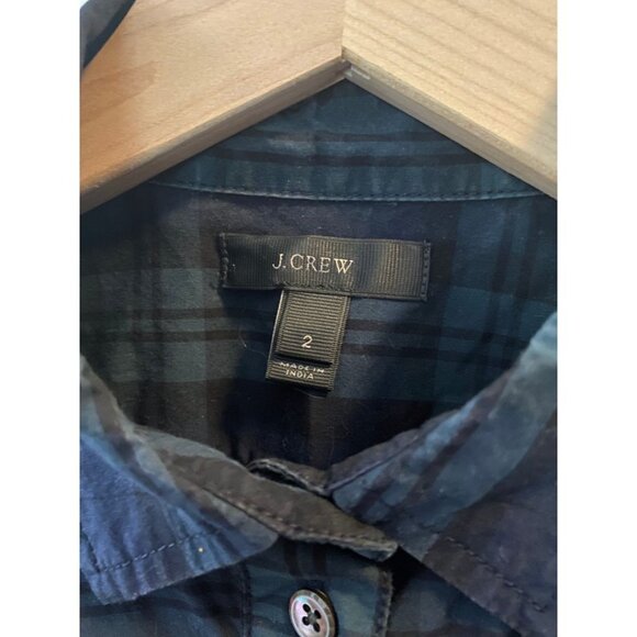 J. Crew Tartan Green Navy Plaid Beaded Chevron Popover Quarter Button Top 2 - Picture 5 of 8
